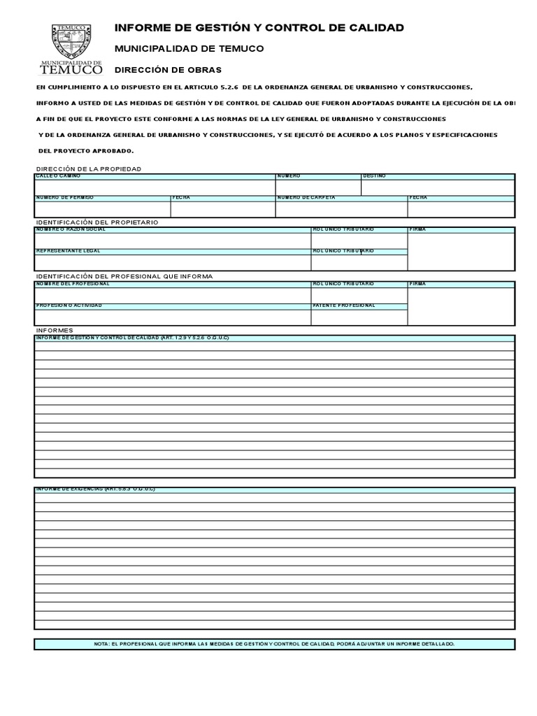 Obras Informe Gestion Control de Calidad
