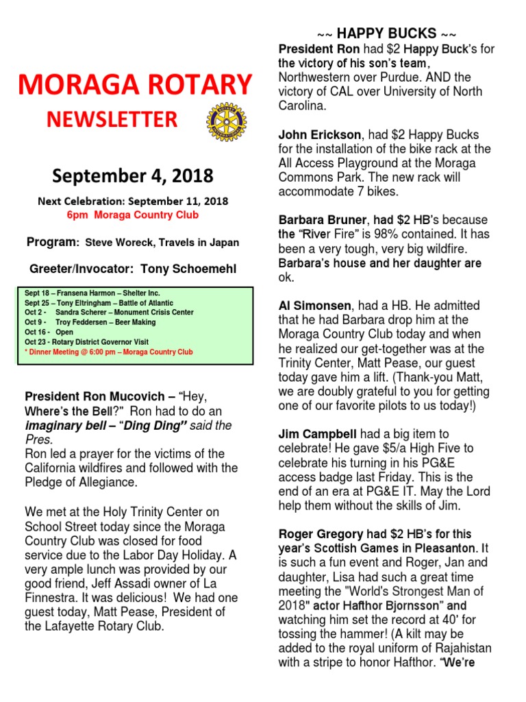 Rotary Newsletter For Sept 4 2018 | PDF | Leisure