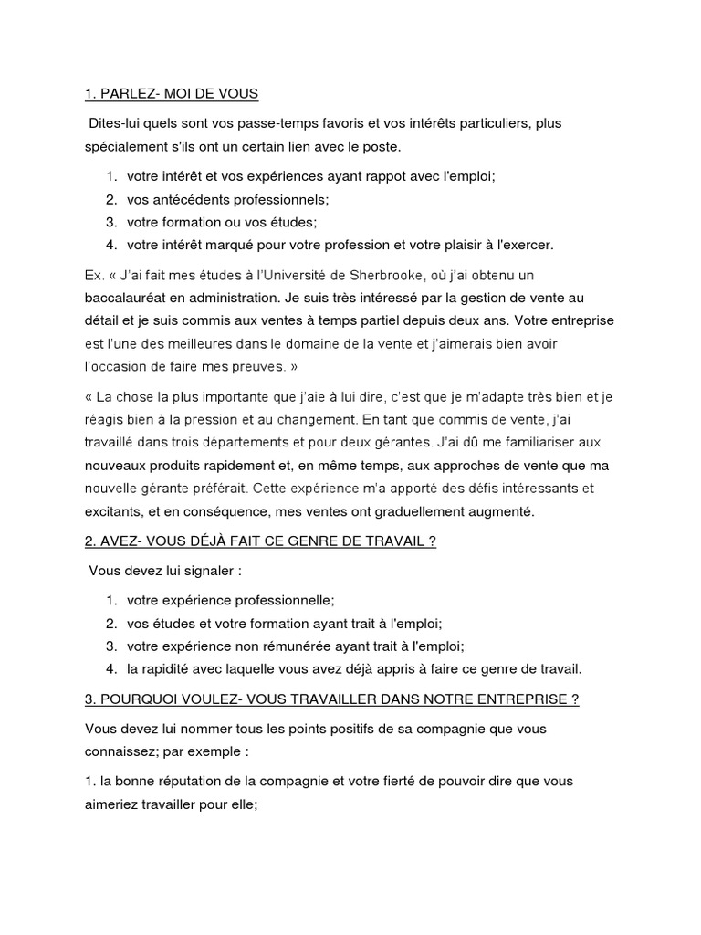 QUESTIONS - REPONSES ENTRETIEN D EMBAUCHE.docx | Édition | Travail