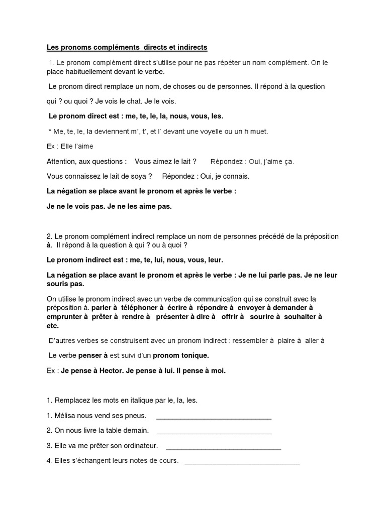 Remplacer Le Cod Par Un Pronom Personnel Exercices Pdf Les Pronoms Compléments Directs Et Indirects Exercices | PDF | Pronom |  Verbe