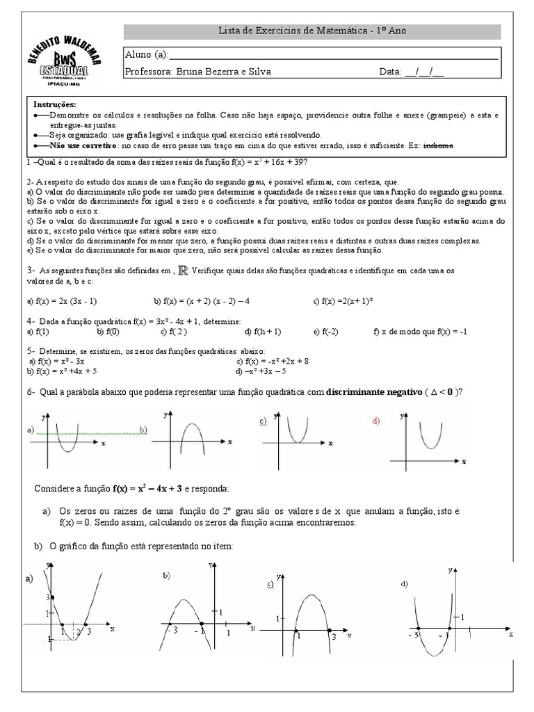 Exercícios de Função Quadrática - 1º Ano | PDF | Função (Matemática ...