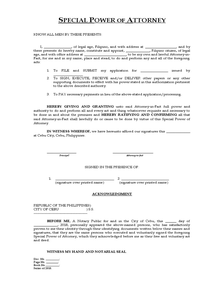 Special Power of Attorney Template | PDF | Power Of Attorney | Signature