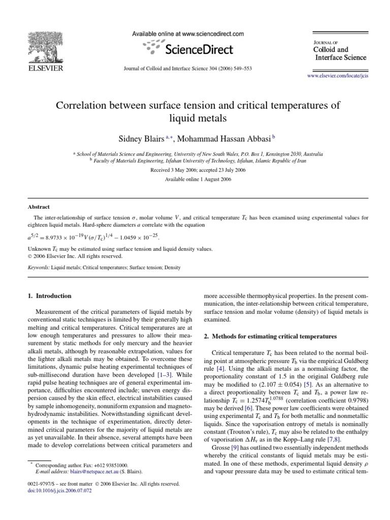 Correlation Between Surface Tension and Critical Temperatures of Liquid Metals PDF Surface