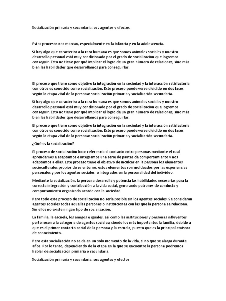Socialización Primaria Y Secundaria Pdf Socialización Sociedad