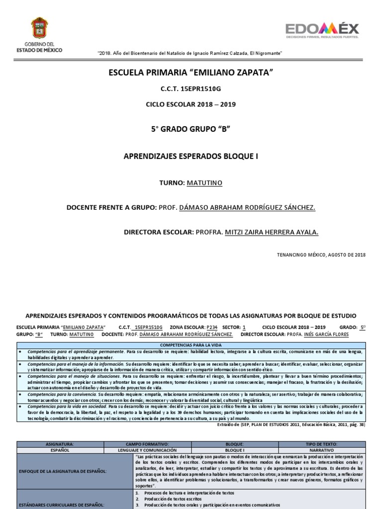 Aprendizajes Esperados Bloque I Quinto Grado Educación primaria