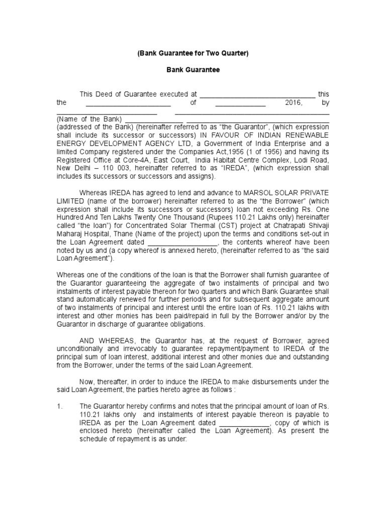 Bank Guarantee 2 Quarter - Doc Format-1 | PDF | Guarantee | Loans