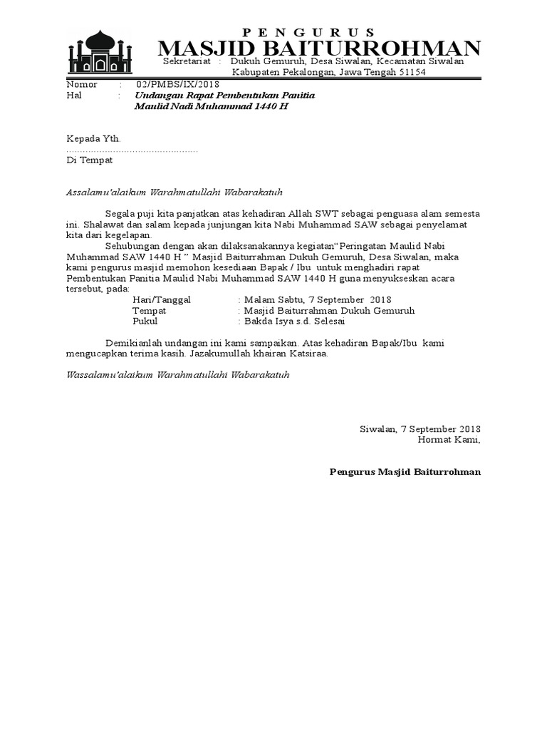 SURAT Undangan Pembentukan Panitia Maulid Nabi