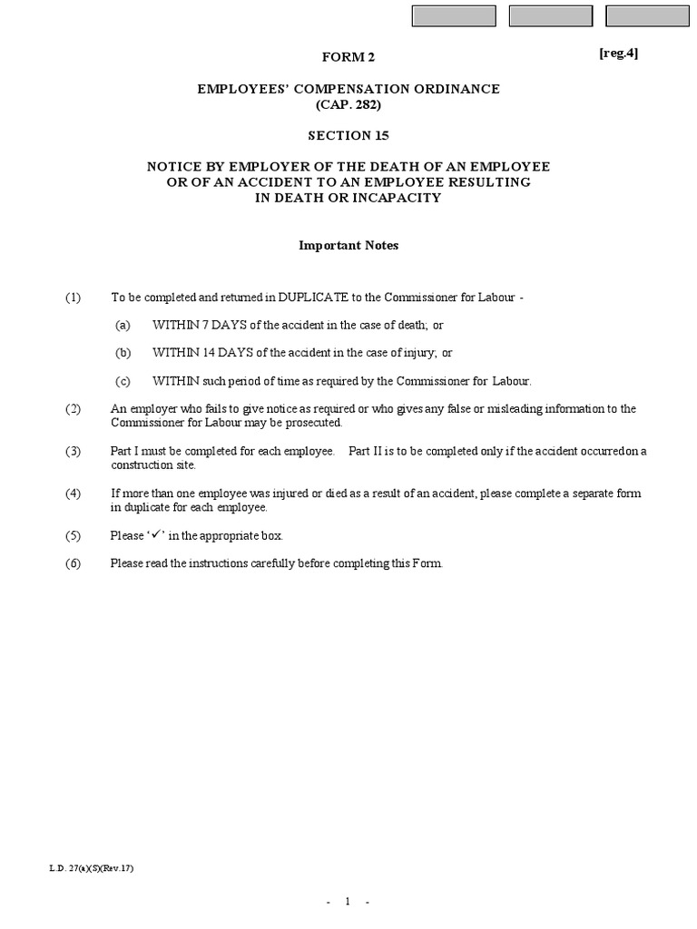 Form 2 (Reg.4) Employees' Compensation Ordinance (CAP. 282) Section 15
