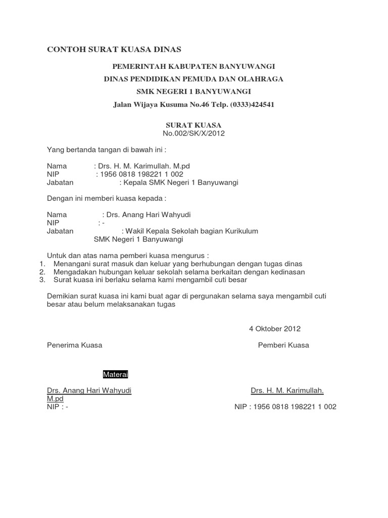 Contoh Surat Kuasa Dinas