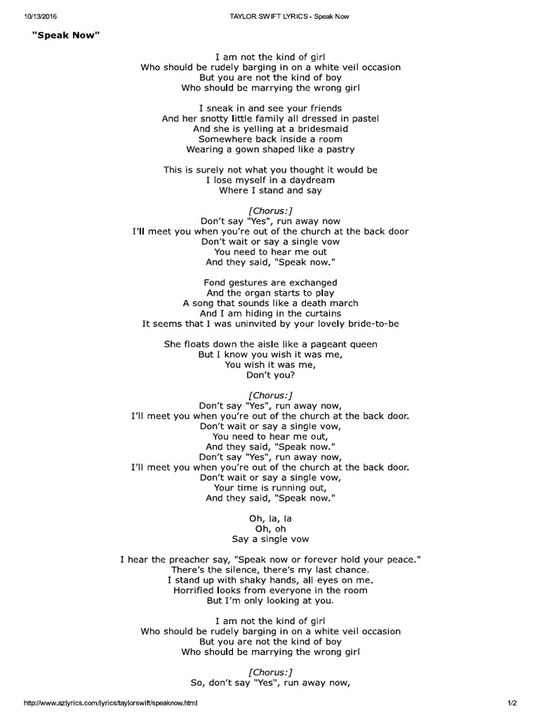 Taylor Swift Lyrics Speak Now Pdf taylor swift lyrics speak now pdf