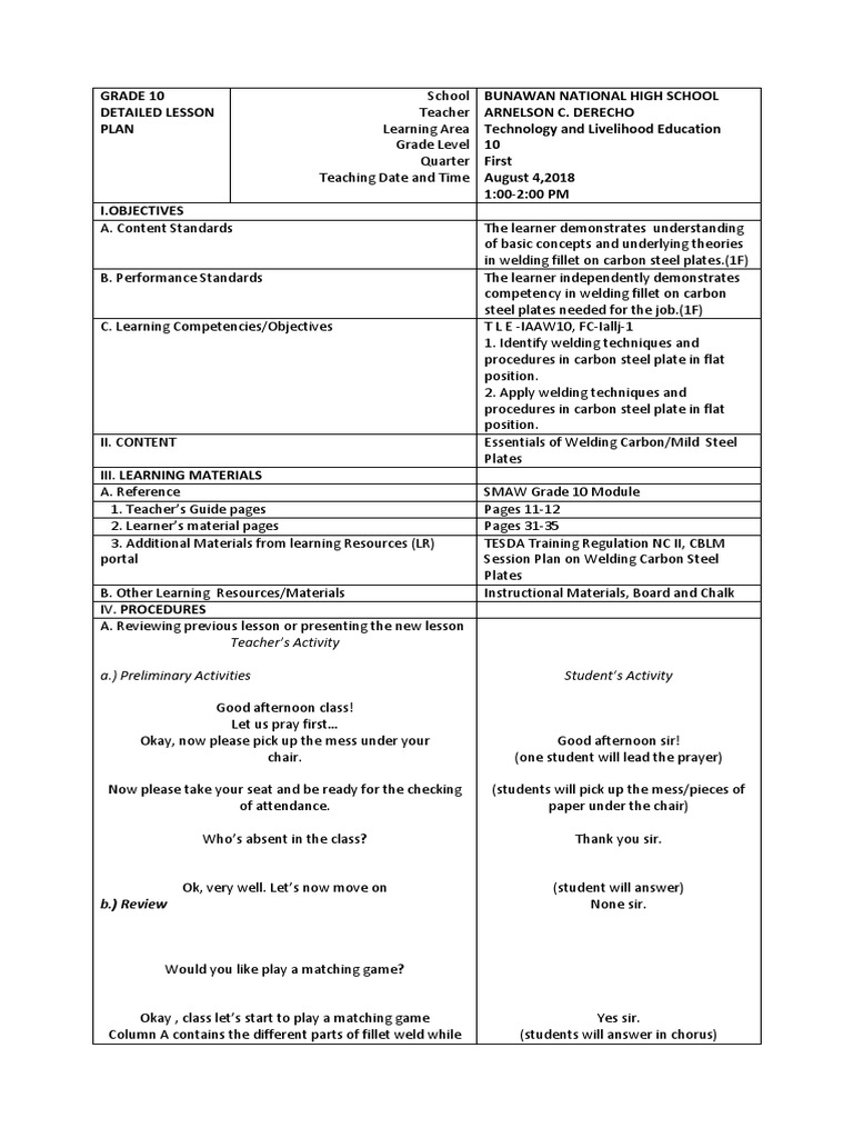 Grade 10 Detailed Lesson Plan Final Welding Electric Arc