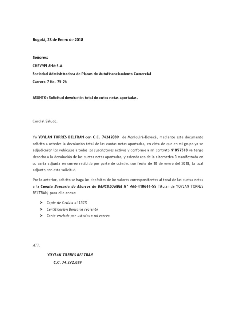 Carta Solicitud e Devolucion en CHEVYPLAN