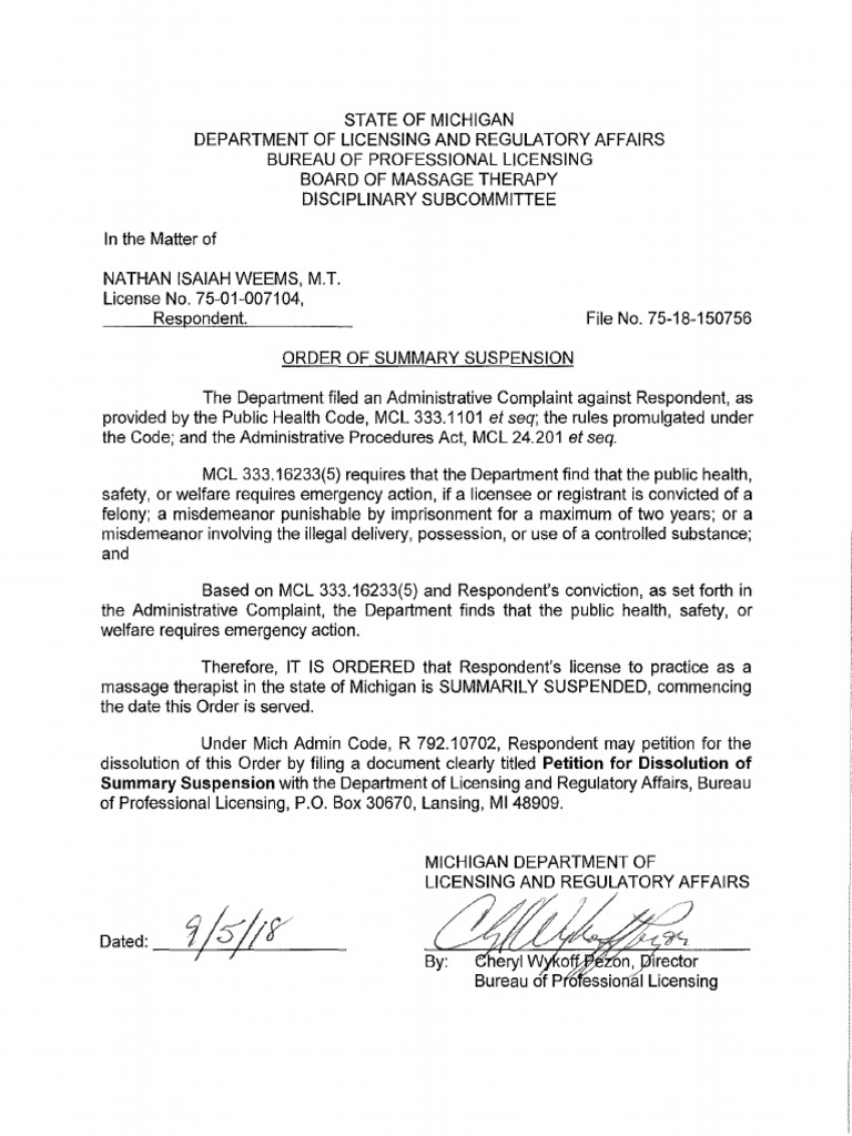 LARA Suspension document-WEEMS | PDF | Massage | Complaint