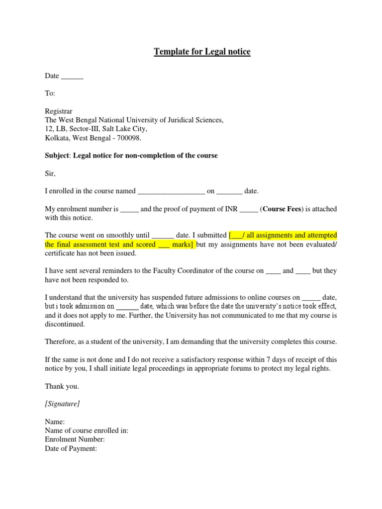 Subject: Legal Notice For Non-Completion of The Course | PDF | Consumer ...