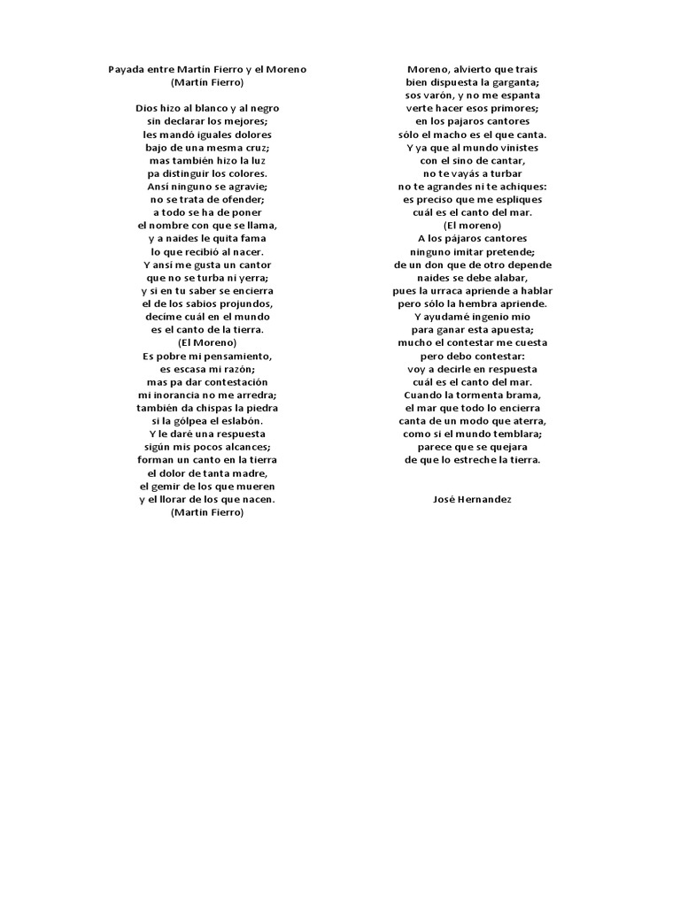 Payada Entre Martín Fierro Y El Moreno Pdf Naturaleza