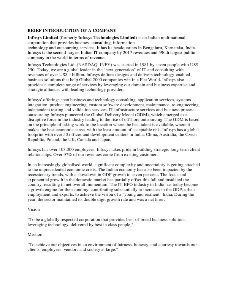 Brief Introduction of A Company Infosys Limited (Formerly Infosys ...