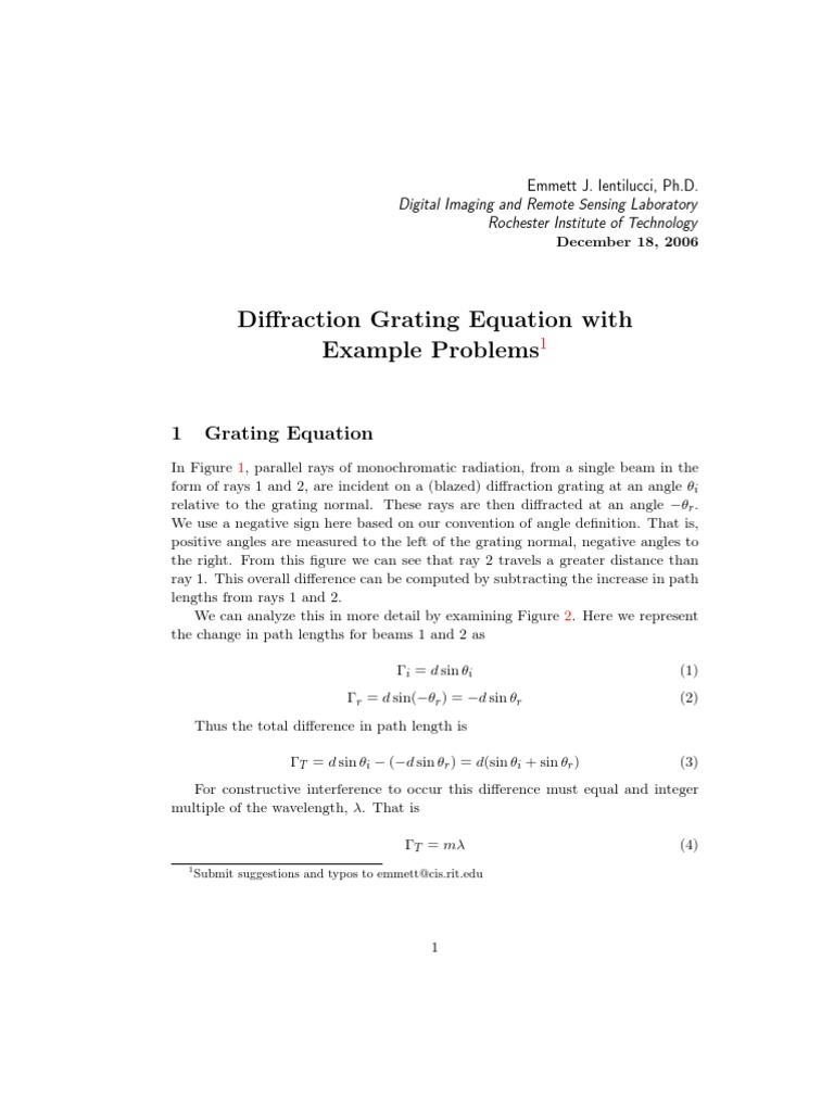 Diffraction Grating Equation With Example Problems | PDF | Diffraction ...