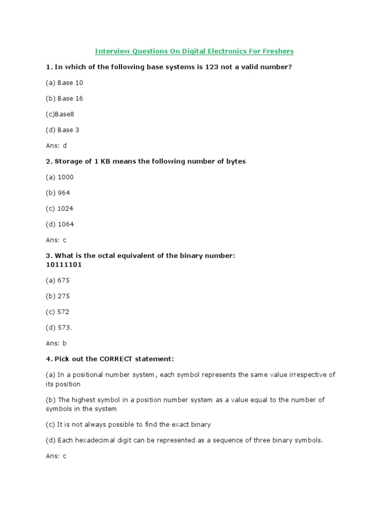 Digital Electronics Interview Questions PDF Logic Gate Computer