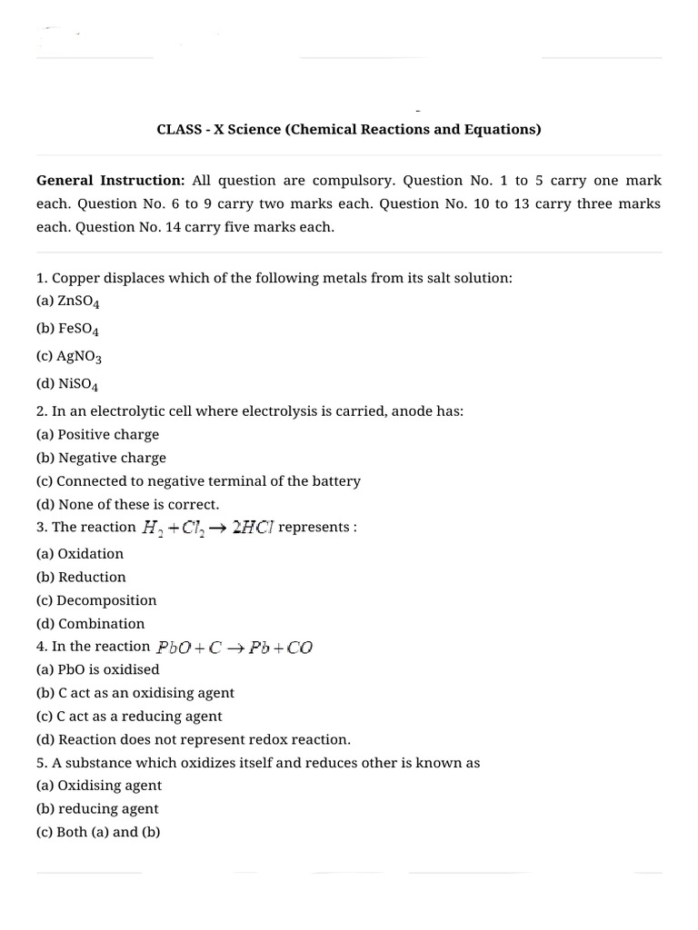 Cbse Test Paper01 CLASS X Science (Chemical Reactions and Equations