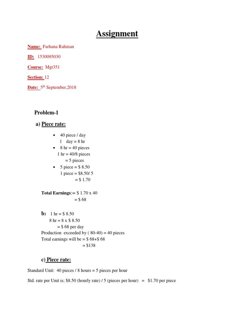 Assignment: Problem-1 A) Piece Rate | PDF