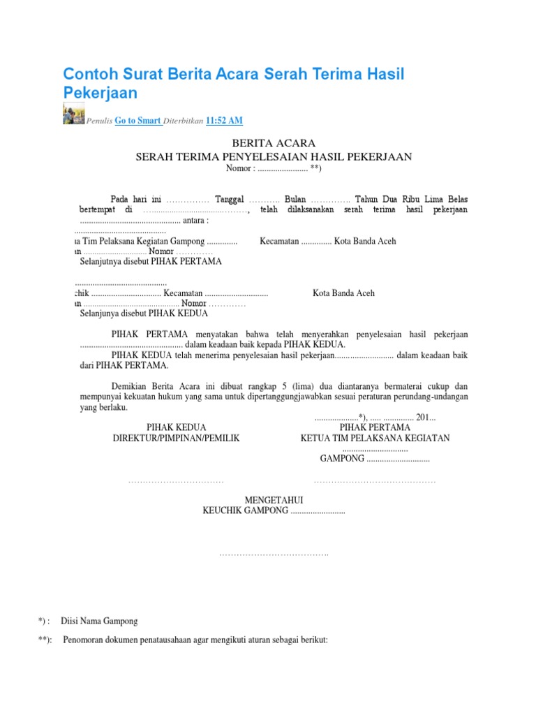 Contoh Surat Berita Acara Serah Terima Hasil Pekerjaan