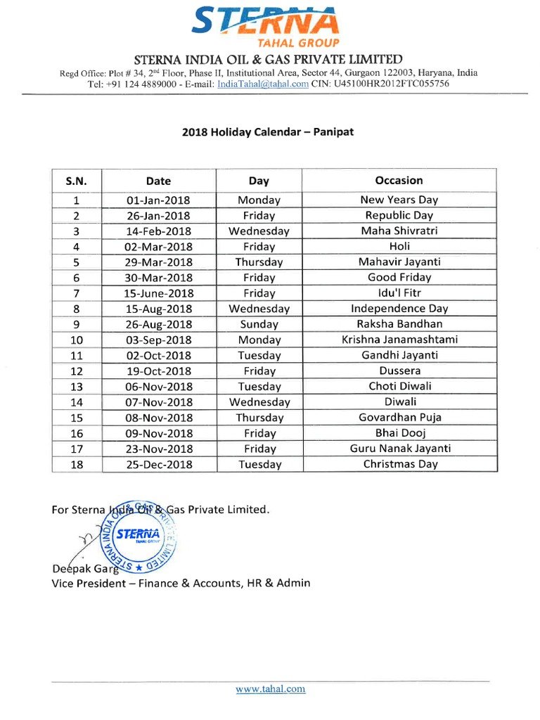 Holiday List 2018 Panipat PDF PDF