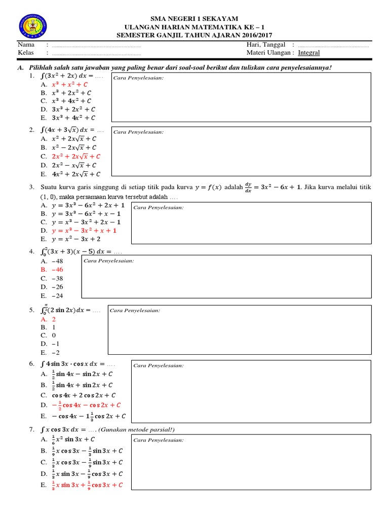 Soal Uh Bab I Integral Xii Ipa Docx