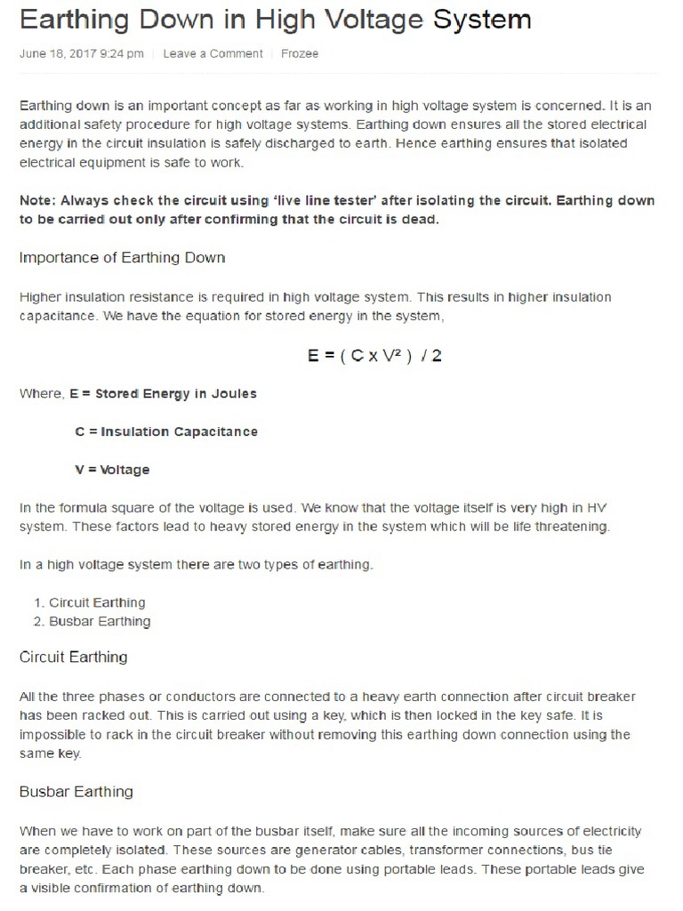 Earthing Down HV | PDF