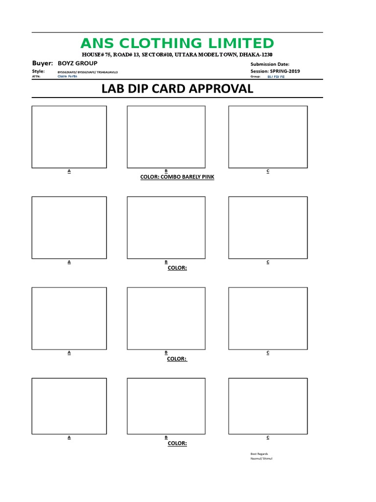 Lab Dip Card Approval Ans Clothing Limited PDF