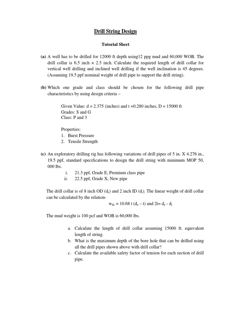 Drill String Design Tutorial PDF Drill Casing (Borehole)