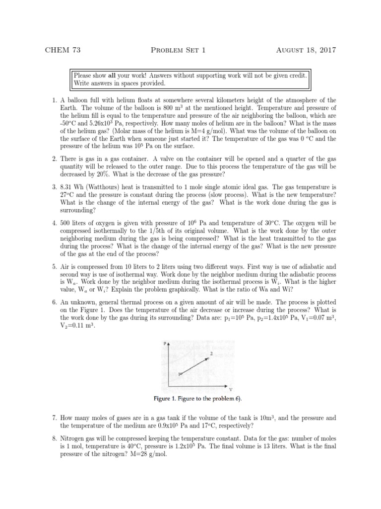 Chem 73 Thermodynamics Problem Set | PDF | Gases | Heat