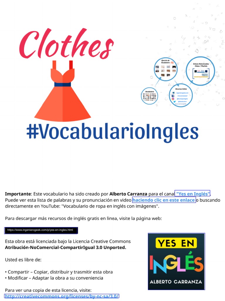 Vocabulario de La Ropa en Inglés Con Imagenes y Ejercicio - Prendas de Vestir o Vestimenta | PDF