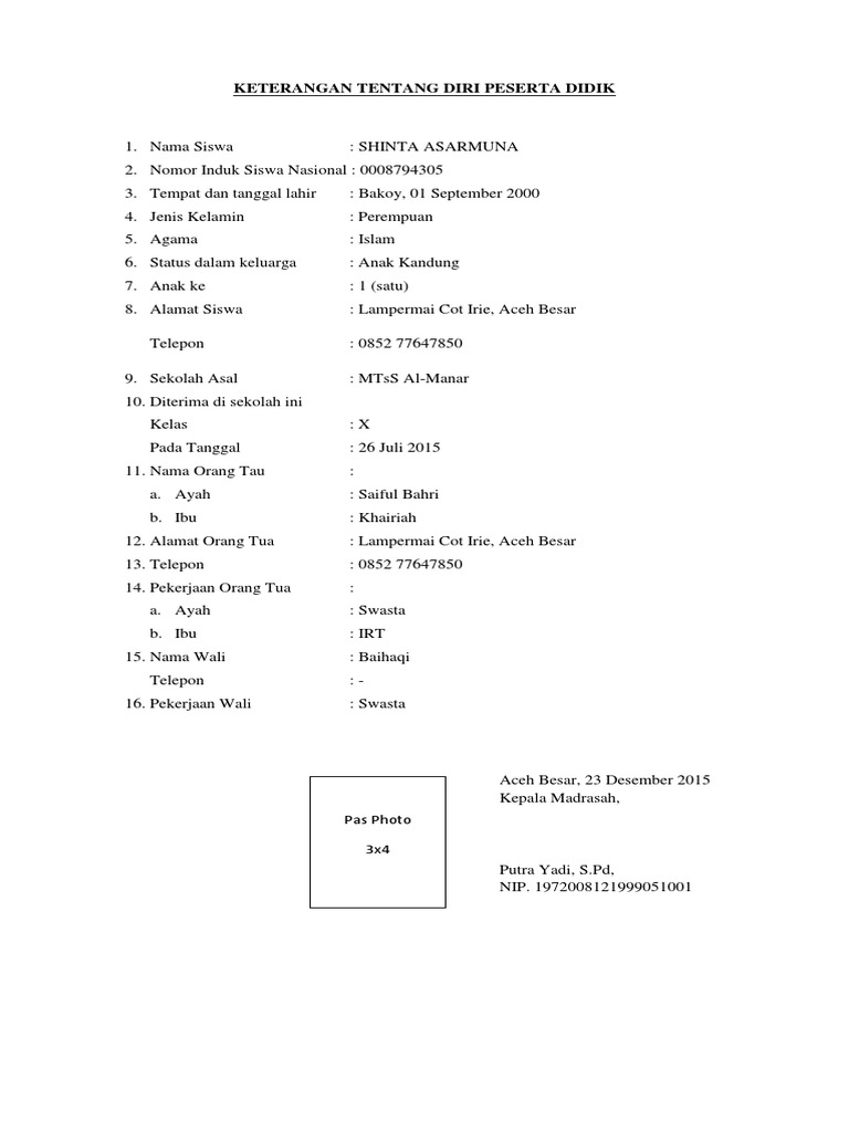 Biodata Siswa Kelas 6