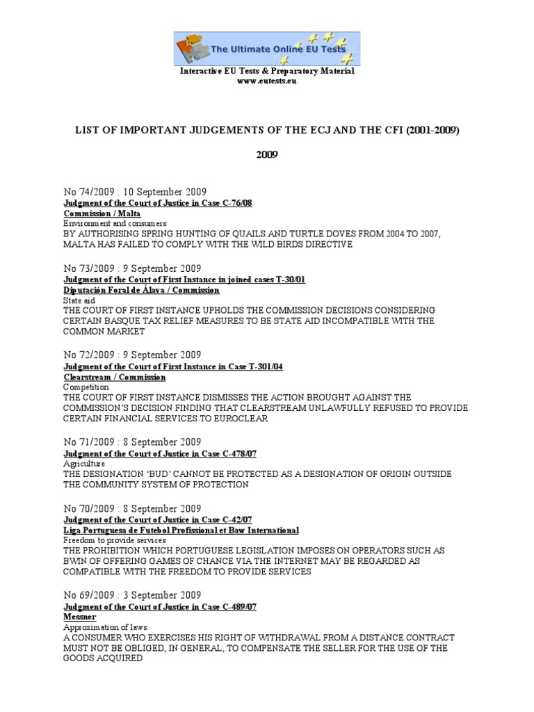 List of Important Judgements Court of Justice PDF