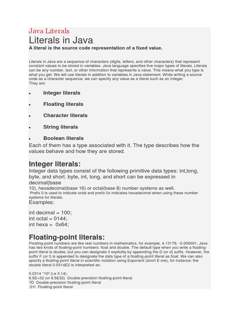 Java Literals | PDF | Integer (Computer Science) | Data Type