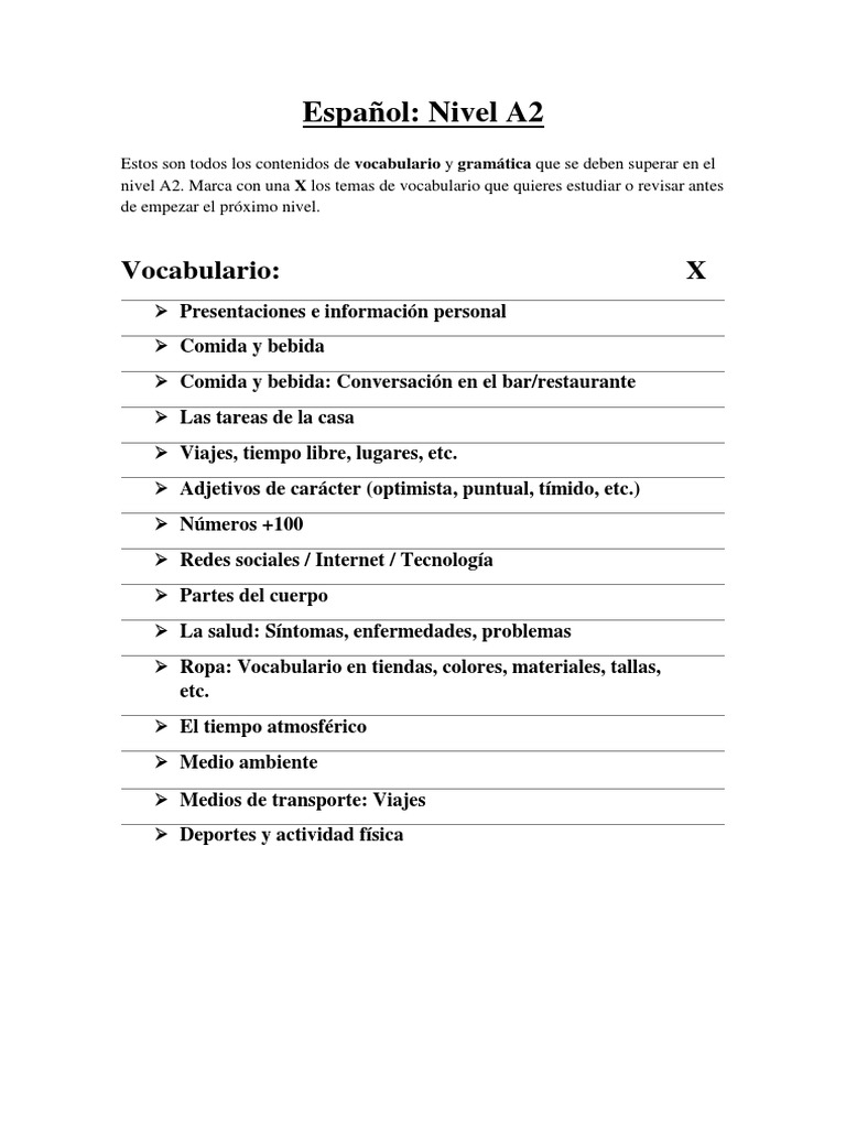 Contenidos Clave para Español A2 | PDF
