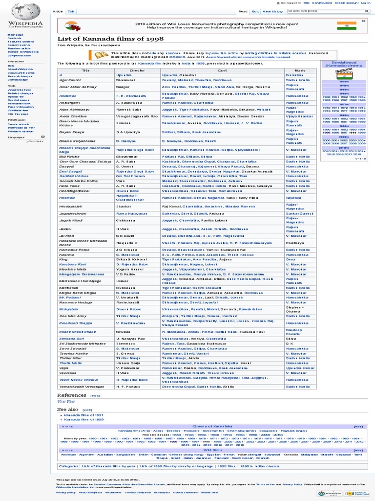 List of Kannada Films of 1998 Wikipedia PDF Wikipedia Cinema Of