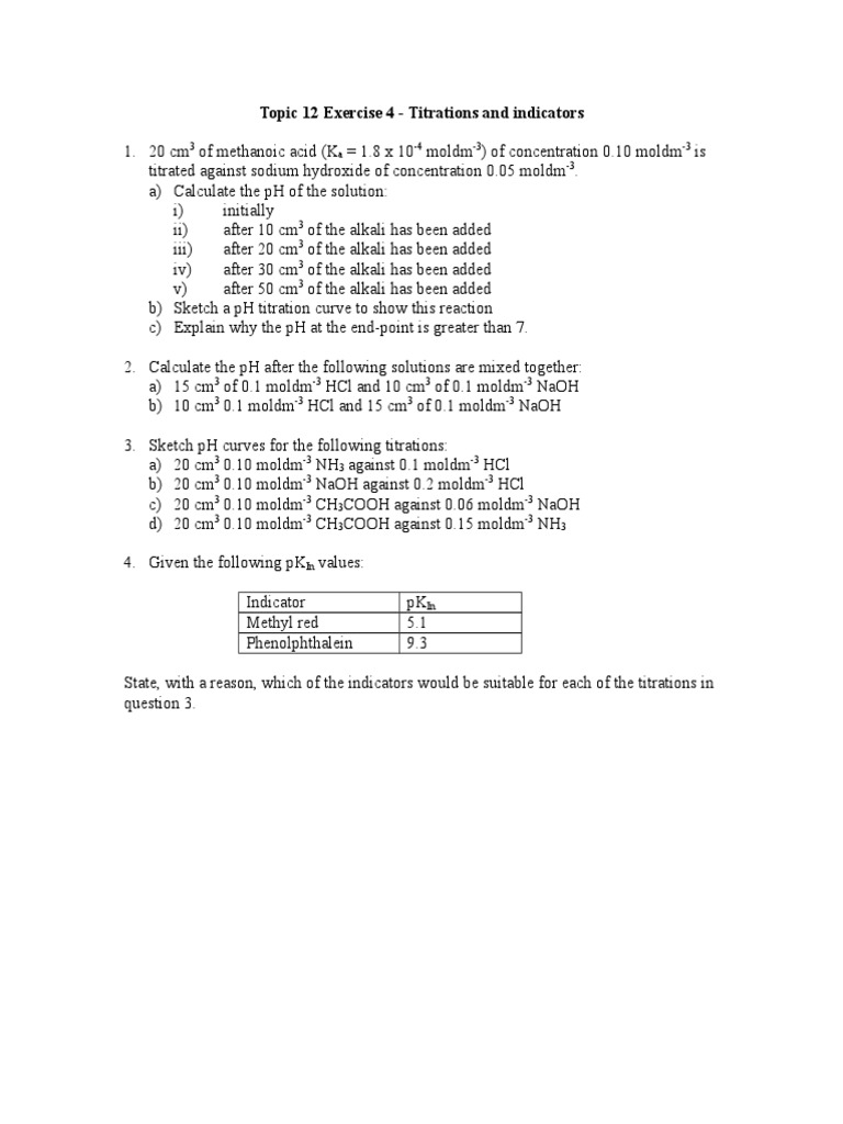 Topic 12 Exercise 4 Titrations and Indicators PDF