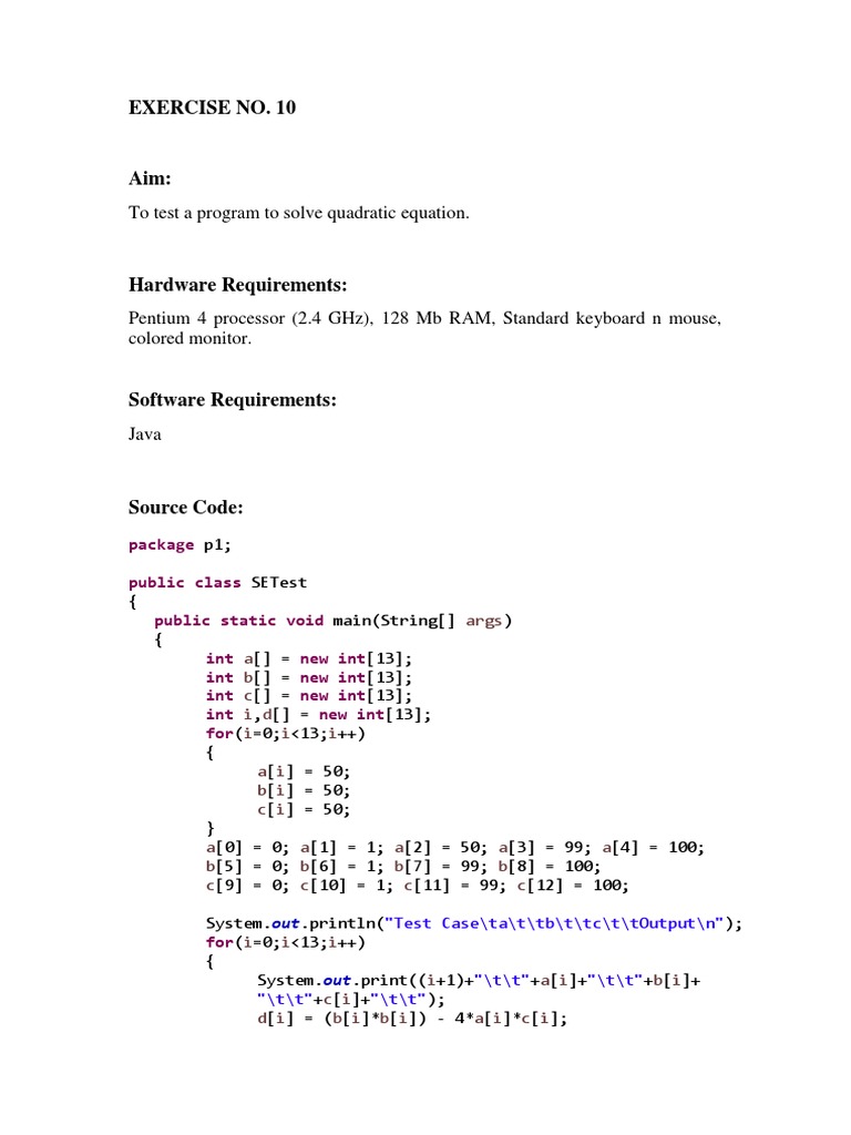 Exercise No. 10: To Test A Program To Solve Quadratic Equation | PDF ...