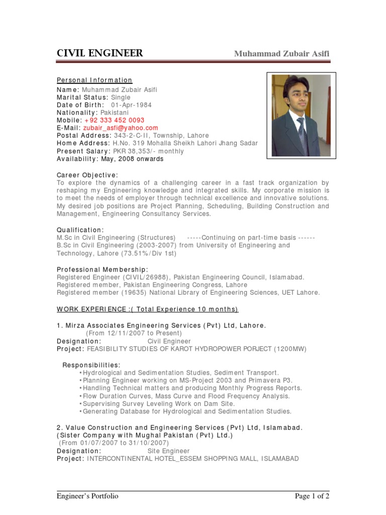 Sample CV of Civil Engineer  Pakistan  Engineer