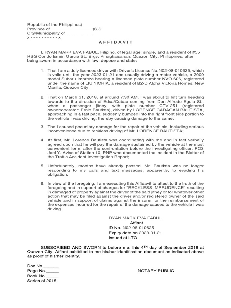 Complaint Affidavit Damages For Reckless Imprudence Resulting To Damage