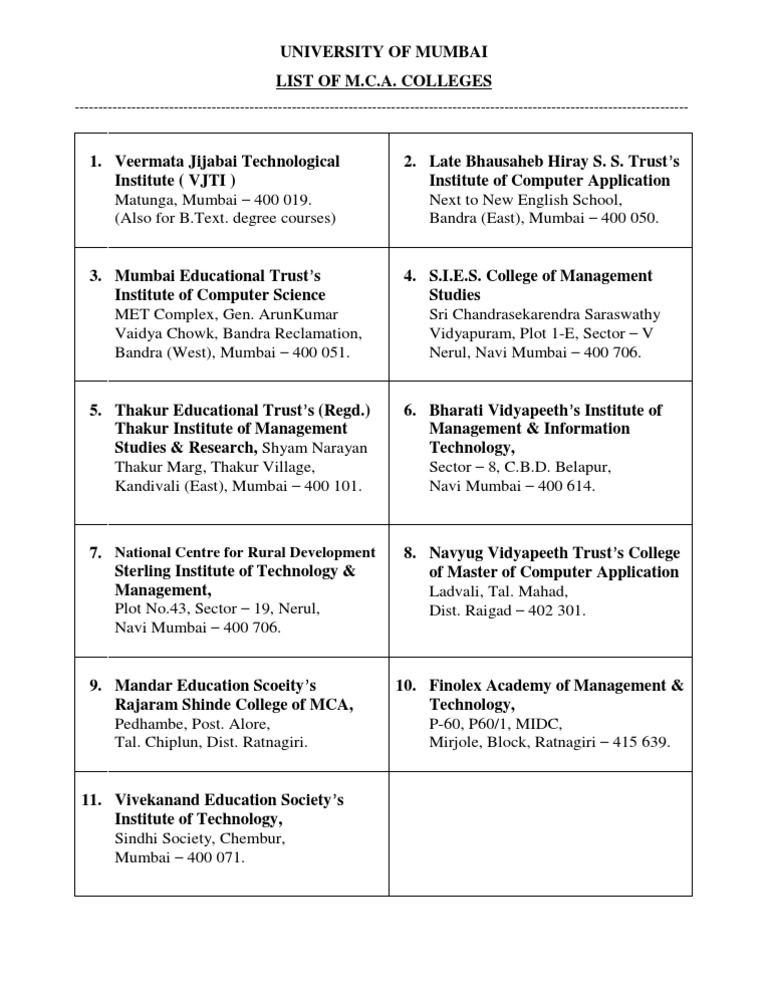 MCA Colleges in Mumbai List | PDF | Science & Mathematics | Computers