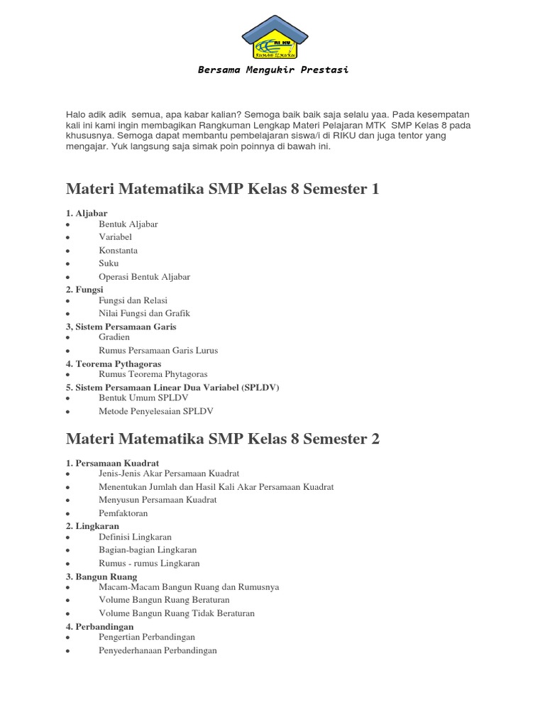 Materi Matematika Smp Kelas 8 1 Docx