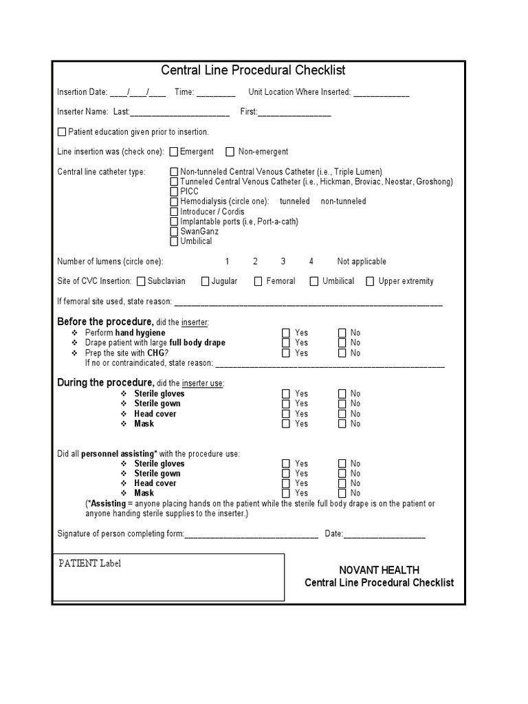 Central Line Insertion Checklist | PDF | Medical Equipment | Medical ...