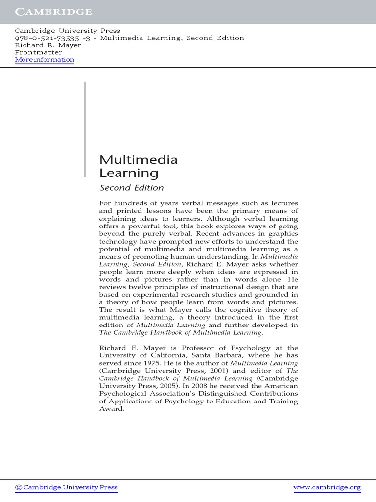 Multimedia Learning Mayer 2009 | PDF | Multimedia | Instructional Design