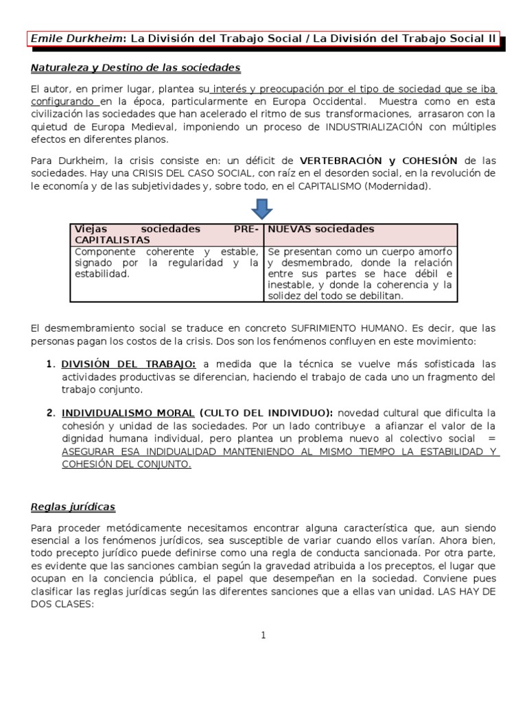 RESUMEN Emile Durkheim La Division Del Trabajo Social Emile Durkheim Division de trabajo