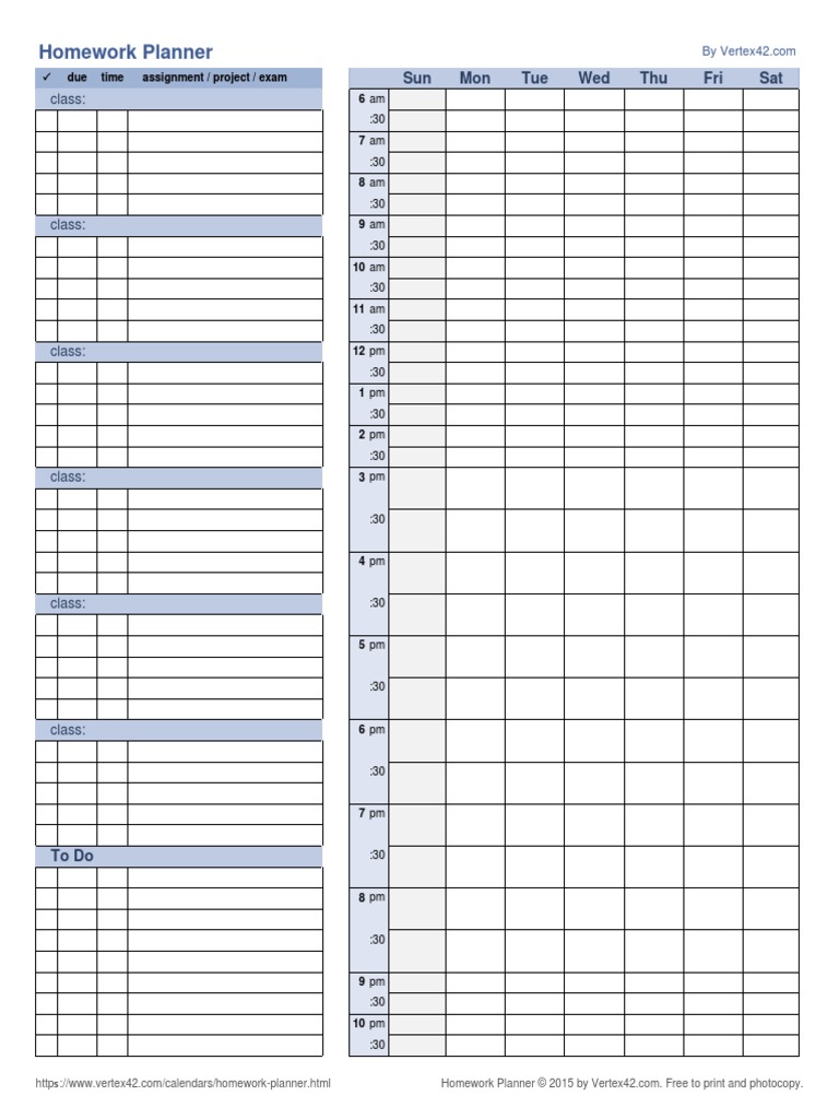 Homework Planner: Sun Mon Tue Wed Thu Fri Sat | PDF