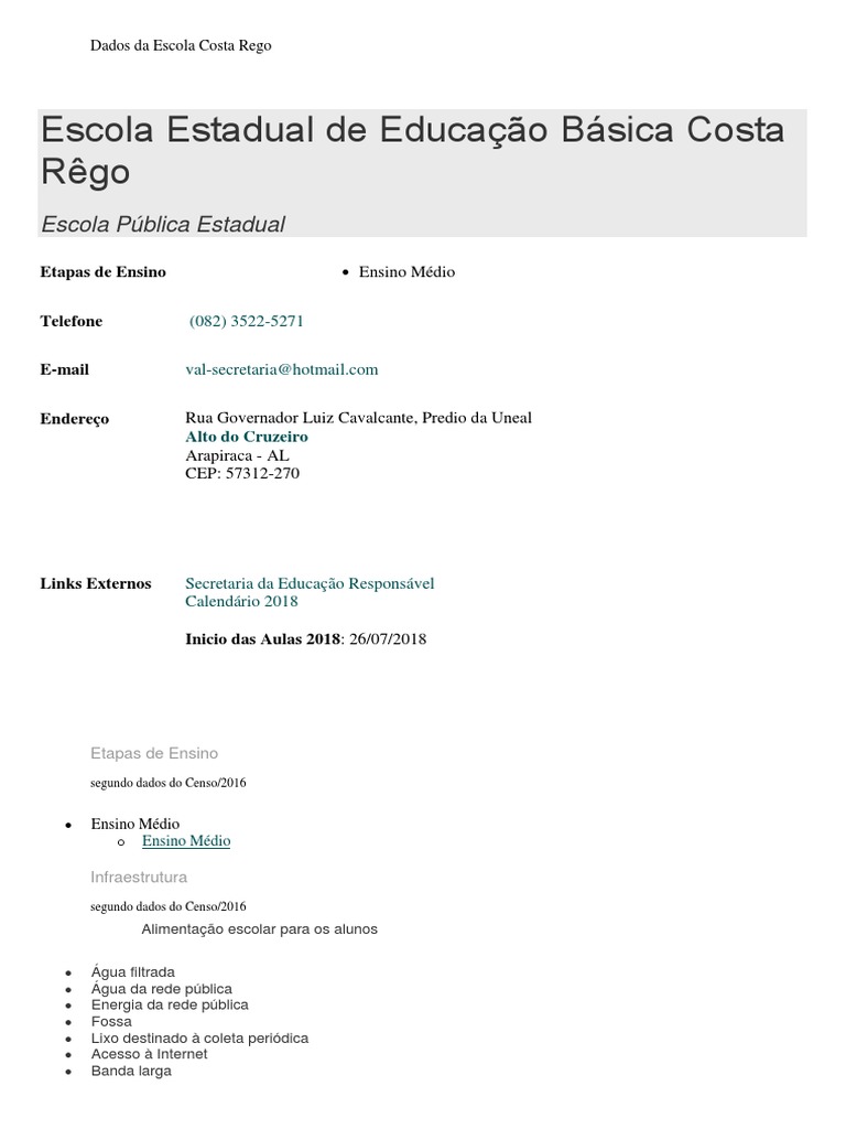 Escola Estadual Costa Rego: Dados e Estrutura | PDF | Escolas | Internet