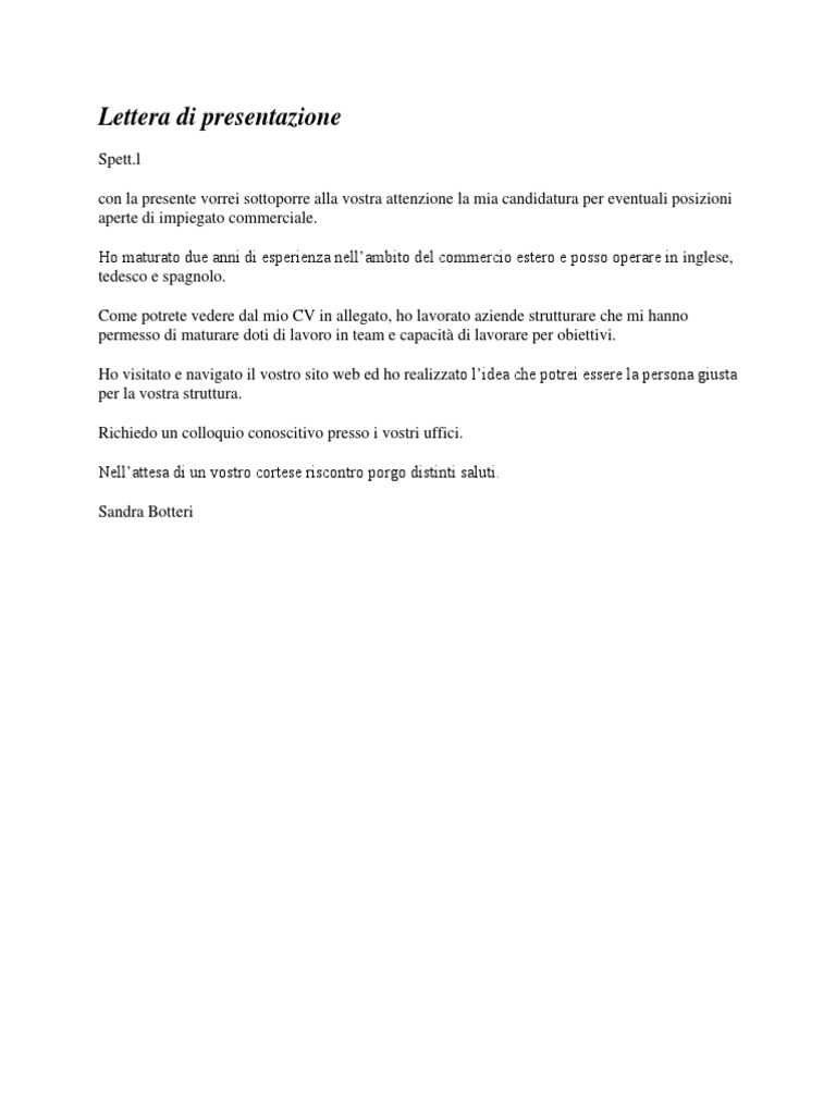 Esempio Lettera Di Presentazione | PDF