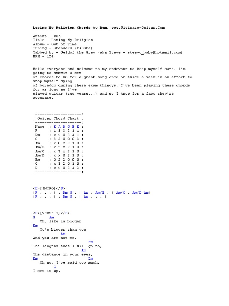 Losing My Religion Chords by Rem Download Free PDF Recorded